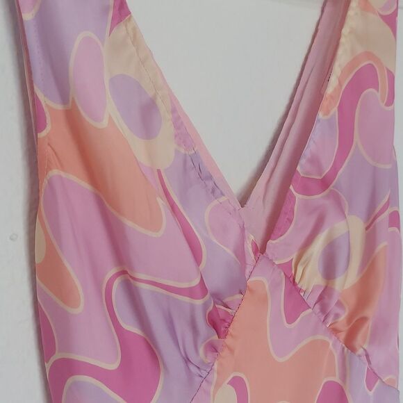 Bright Pink & Yellow Silky Sleeveless Slip Mini Dress Size 6 - Picture 2 of 10